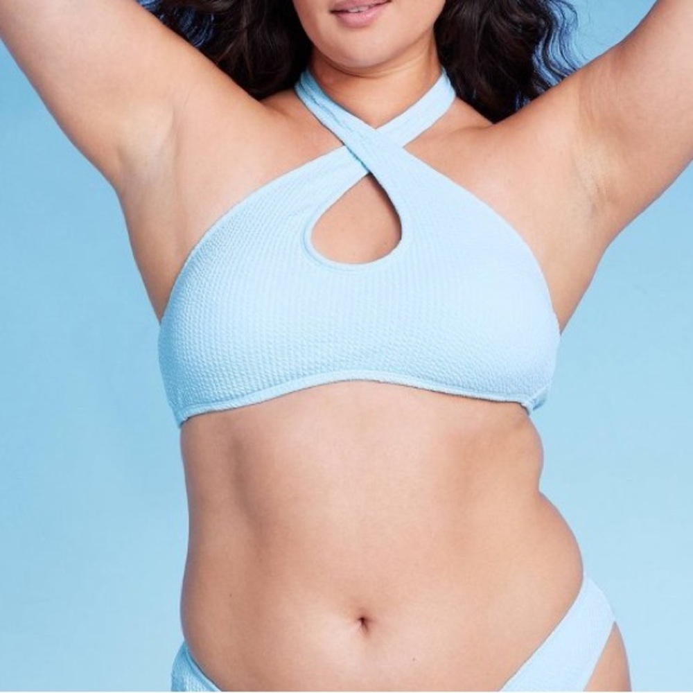 Wild Fable Cross Front‎ Pucker Textured Halter Bikini Top Light Blue - Picture 3 of 8